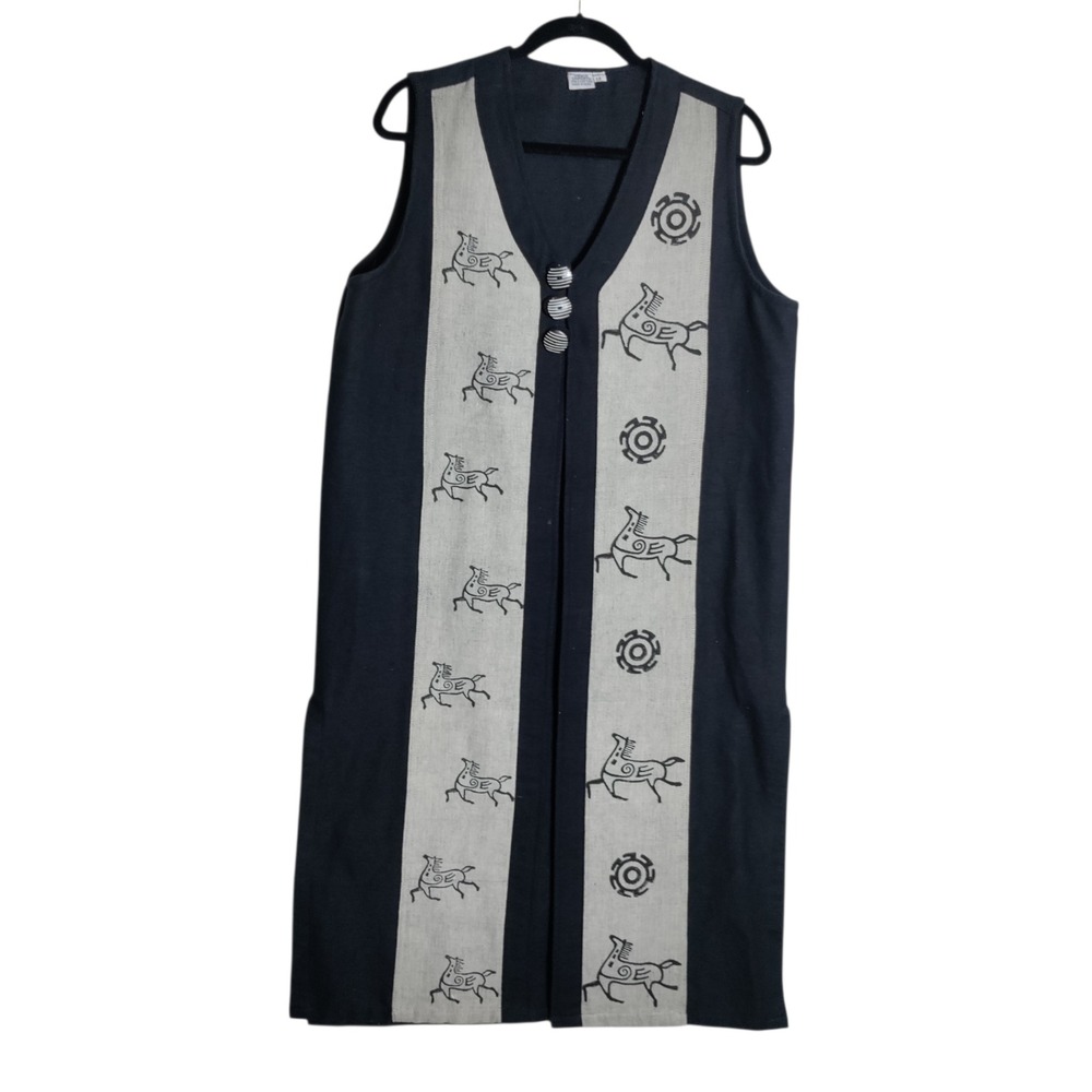 Venus Imports Womens Cotton Horse Print Longline Vest Duster Black Tan Size M